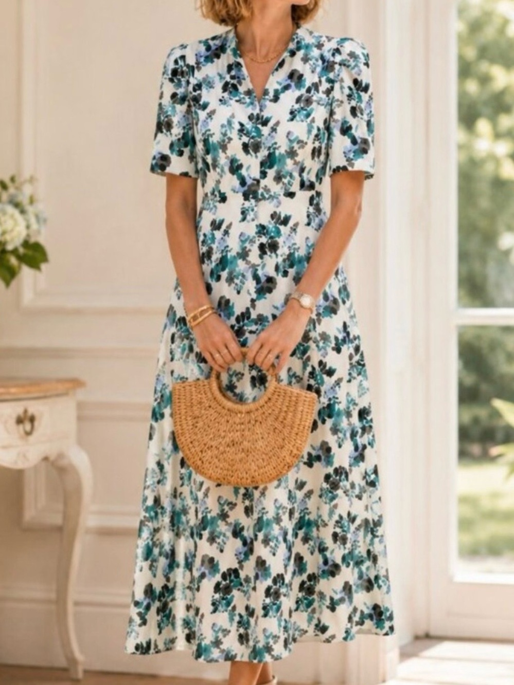 Small Tuckernuck Blue Blooms Linen Midi Dress - Picture 4 of 10